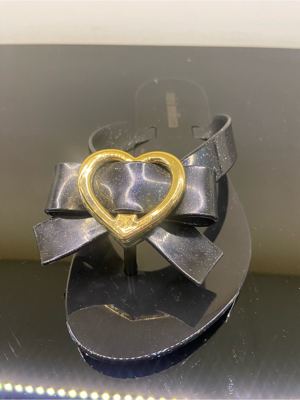 Mini Melissa Black Jelly Flip Flop with Gold Heart Bow size 12C